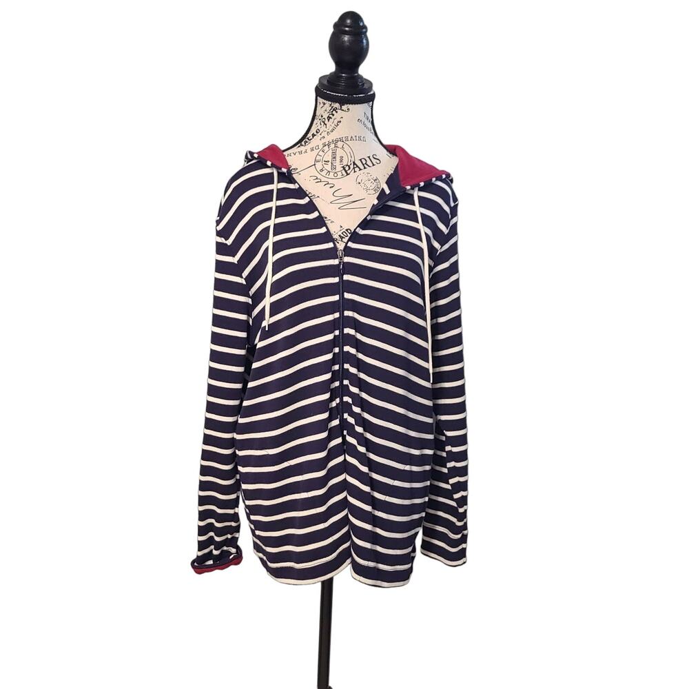 L.L. Bean Hooded Zip Front Sweater Blue & White Stripe Red Inside Hood  Size XL